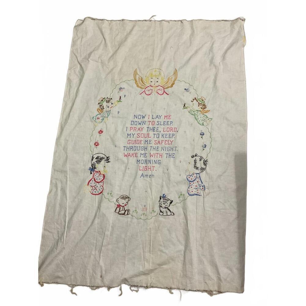 Vintage Embroidered  Evening Prayer Unfinished  Linen Wall Hanging 47” x 35”